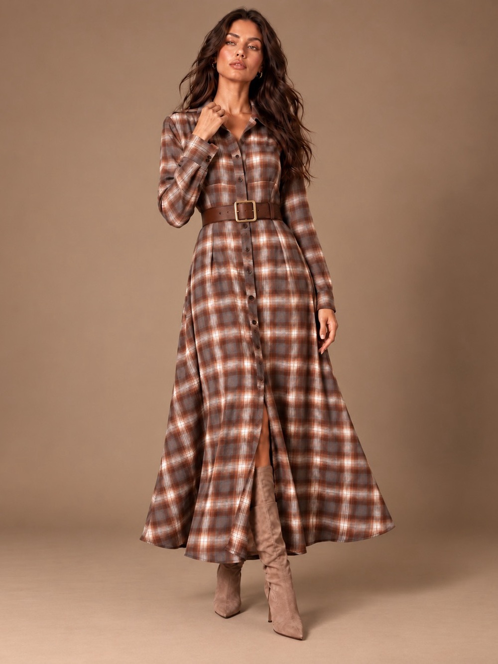 NWT Plaid Button Down Maxi Dress - Brown